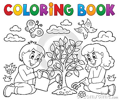 Coloring book kids planting tree Vector Illustration