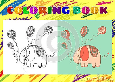 Coloring Book for Kids. Sketchy little pink elephant Vector Illustration