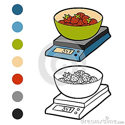 Coloring book, Kitchen scales and strawberries Vector Illustration