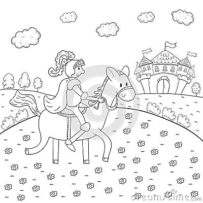 Coloring book knight on horseback and magic castle design for kids. Vector Illustration