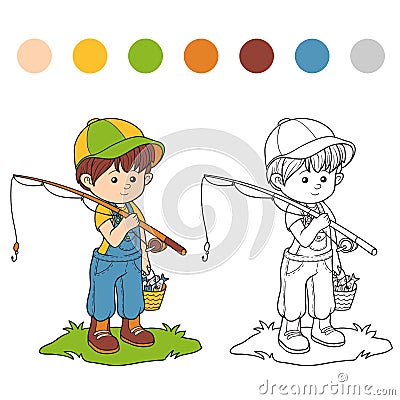 Coloring book (little boy fisher) Vector Illustration