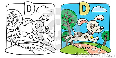 Coloring book of little funny dog. Alphabet D Vector Illustration