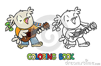 Coloring book of little funny owl with ukulele Vector Illustration