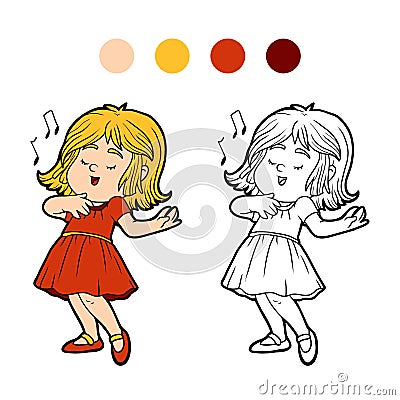 Coloring book: little girl in a red dress is singing a song Vector Illustration