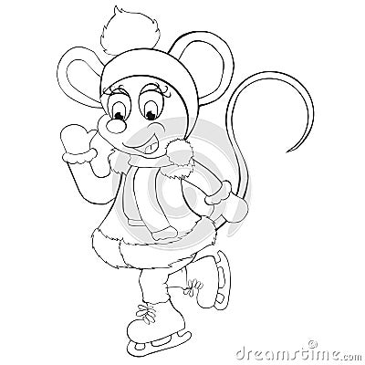 Coloring book the little mouse skates. Cartoon style. Isolated image on white background. Vector Illustration