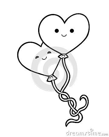 Coloring book, Lovers heart-shaped balloons with cute faces Vector Illustration