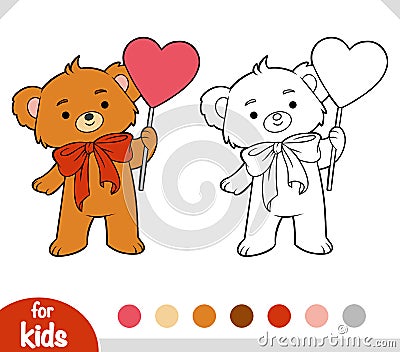 Coloring book, Loving bear holding a heart on a stick Vector Illustration