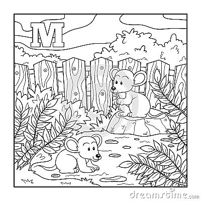 Coloring book (mice), colorless alphabet for children: letter M Vector Illustration