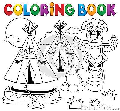 Coloring book Native American campsite Vector Illustration