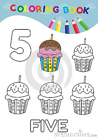 Coloring book number five with 5 cupcakes vector for kids and ed Vector Illustration