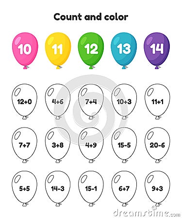 Coloring book number for kids. Worksheet for preschool, kindergarten and school age. Addition and subtraction. Count and color. Vector Illustration