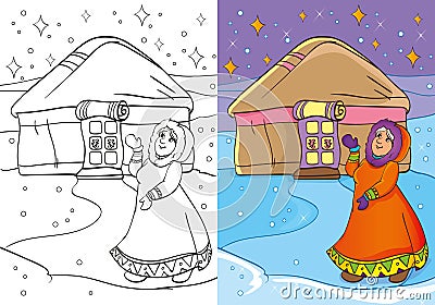 Coloring Book Of Old Women Standing Near Yurt Cartoon Illustration