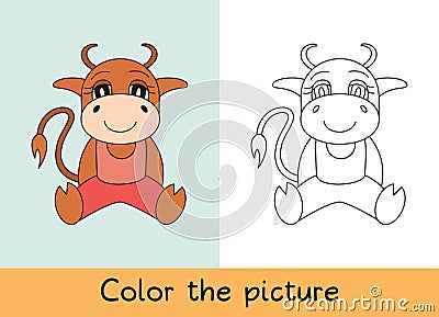 Coloring book. Ox, bull, cow and calf. Cartoon animall. Kids game. Color picture. Learning by playing. Task for children Vector Illustration