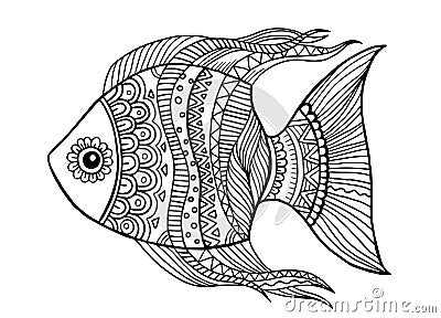 Coloring book page for adult. Fish with Detailed Pattern isolated on white background, mandalas design, line art design Vector Illustration