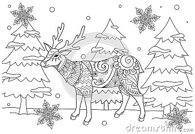 Coloring Book page for adult and kid. Colouring picture of zentangle stylized chiristmas deer in the winter and beautiful snowflak Vector Illustration