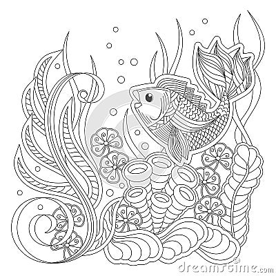 Coloring book page for adult , Under water. Fish and underwater plants, Aquariums Vector Illustration