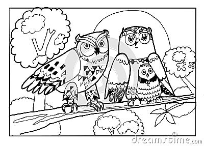 Owls family with a baby. Vector Illustration