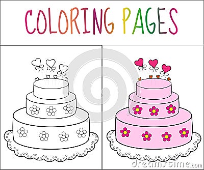 Coloring book page cake. Sketch and color version. Coloring for kids. Vector illustration Vector Illustration