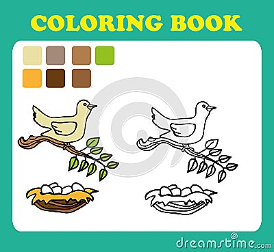 Coloring Book or Page Cartoon Illustration of funny bird with nest Stock Photo