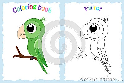 Coloring book page for children with colorful parrot and sketc Vector Illustration