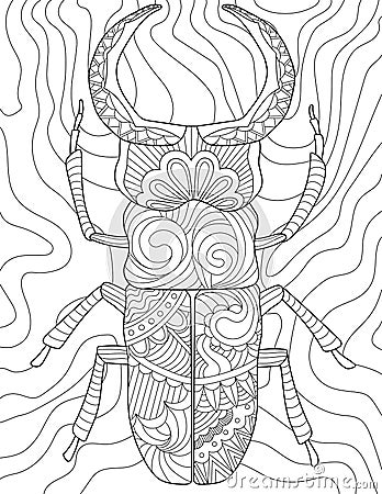 Coloring Book Page With Detailed Cockroach Walking Ahead. Sheet To Be Colored With Insect With Legs And Horns. Bug With Vector Illustration