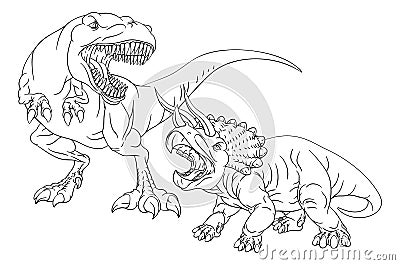 Coloring Book Page Dinosaurs In Outline Vector Illustration