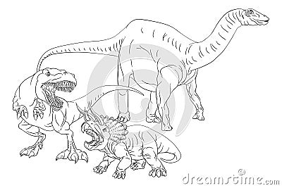 Coloring Book Page Dinosaurs In Outline Vector Illustration