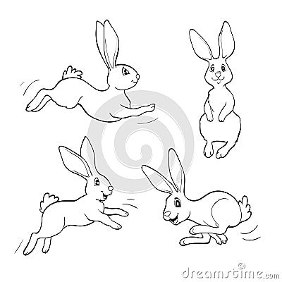 Coloring book or page. Four fanny rabbits. Vector Illustration