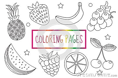 Coloring book page. Fruit set. Sketch, doodle, outline style. Coloring for kids. Childrens education. Vector Vector Illustration