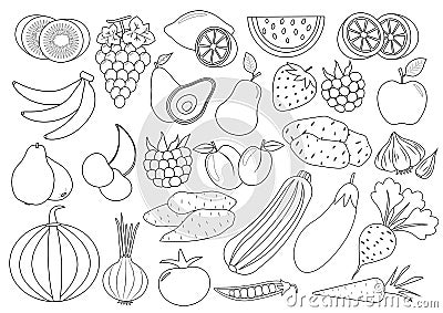 Coloring book page. Fruits, berries and vegetables cartoon Vector Illustration