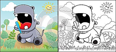 Coloring book or page of funny hippo cartoon brushing it teeth at morning with smiling sun in the forest Vector Illustration