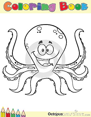 Coloring Book Page With Happy Octopus Cartoon Mascot Character. Stock Photo