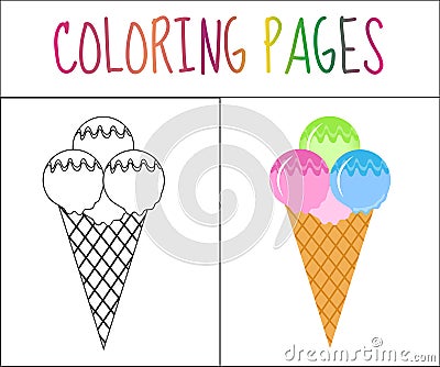 Coloring book page. Ice cream. Sketch and color version. Coloring for kids. Vector illustration Vector Illustration