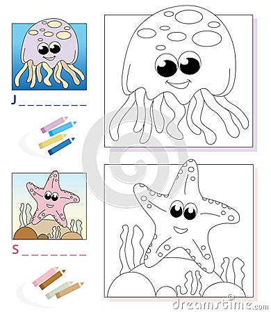 Coloring book page: jellyfish & starfish Stock Photo