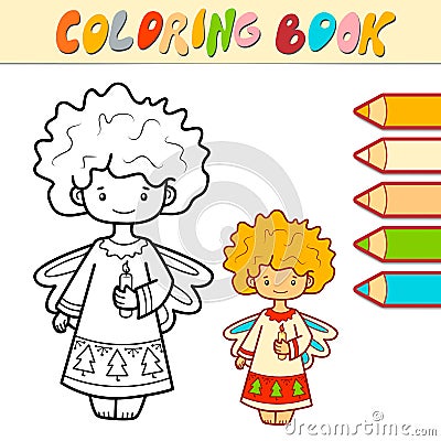 Coloring book or page for kids. Christmas Angel black and white vector Vector Illustration