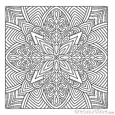 Coloring book page. Modern linear pattern. Black and white background. Template for textile. Ornamental square pattern Vector Illustration