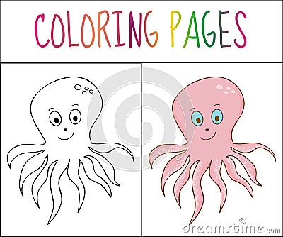 Coloring book page, octopus. Sketch and color version. Coloring for kids. Vector illustration Vector Illustration