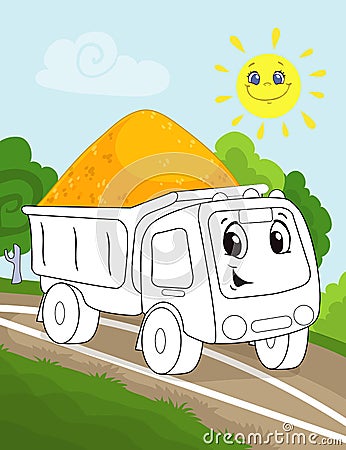 Coloring book page for preschool children with colorful background and sketch working truck car for coloring Vector Illustration