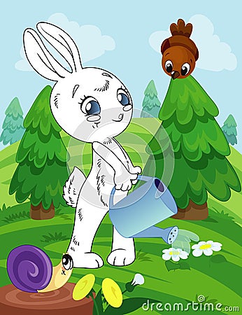 Coloring book page for preschool children with colorful background and sketch bunny for coloring Vector Illustration