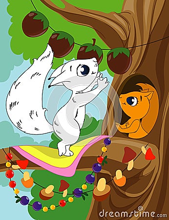 Coloring book page for preschool children with colorful background and sketch squirrel to color Vector Illustration