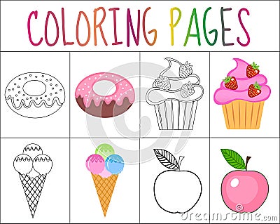 Coloring book page set. Sweets collection. Sketch and color version. for kids. Vector Illustration