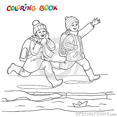 Coloring book or page. Two joyful boys running along the puddles of paper boats. Vector Illustration