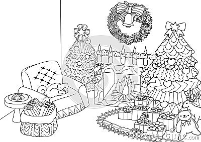 Coloring book, Coloring page of zentangle stylized Christmas tree,fireplace,armchair for Santa clause, Christmas wreath and presen Vector Illustration