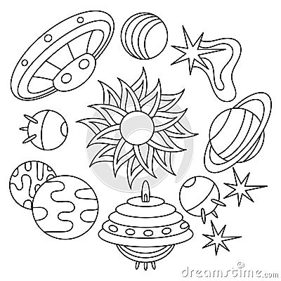 Coloring book pages for kids. Space theme. Stars planets sun galaxies, alien spaceships . Vector illustration on a white Vector Illustration