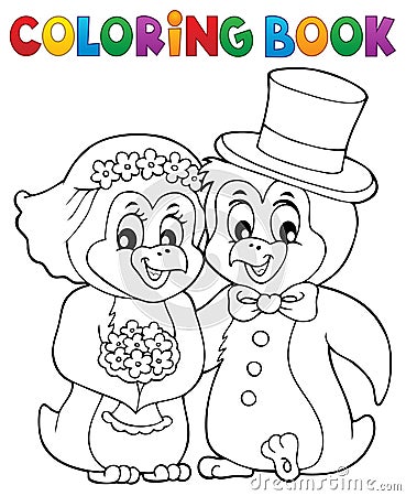 Coloring book penguin wedding theme 1 Vector Illustration