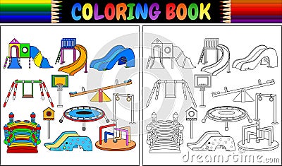 Coloring book with playground equipment icons set Vector Illustration