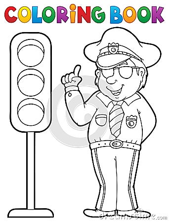 Coloring book policeman with semaphore Vector Illustration