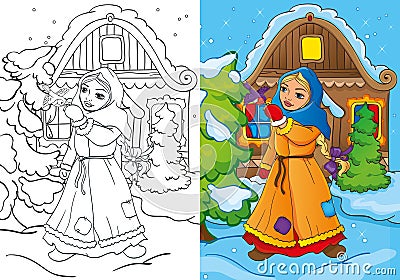 Coloring Book Of Poor Girl Feeds A Bird Cartoon Illustration