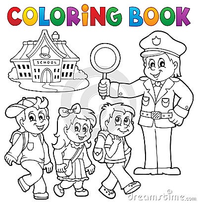 Coloring book pupils and policeman Vector Illustration