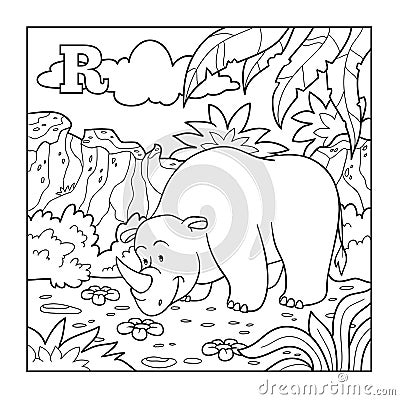 Coloring book (rhino), colorless alphabet for children: letter R Vector Illustration